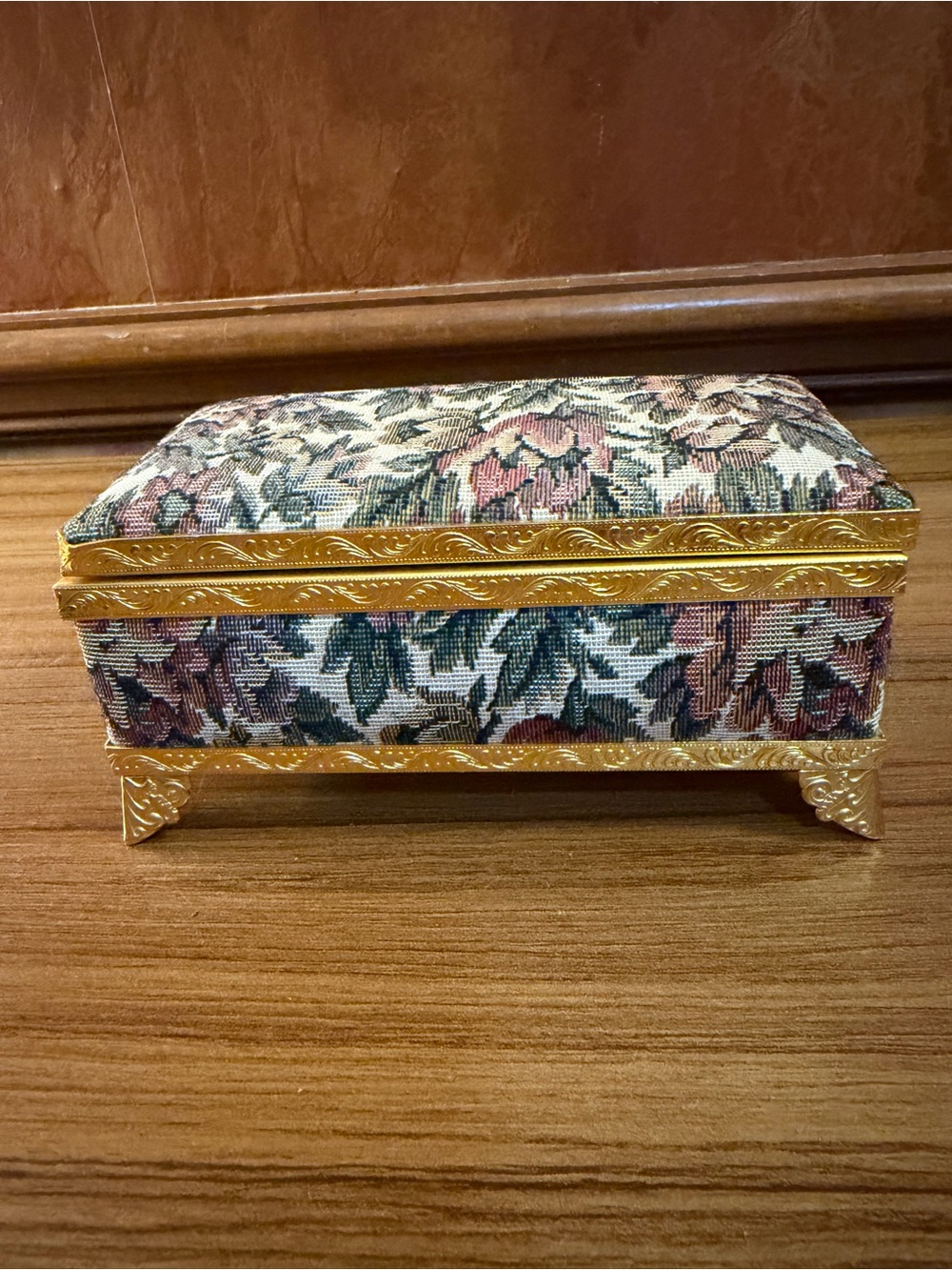 Vintage Himark Floral Tapestry Musical Jewelry Box Velvet Mirror Made in Japan